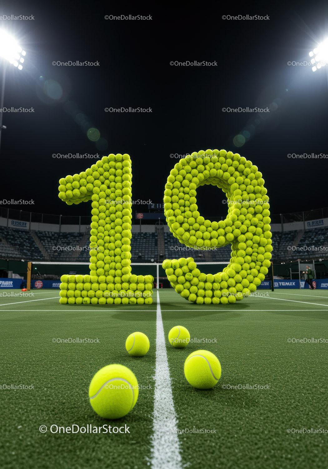 Number nineteen formed with tennis balls on court
