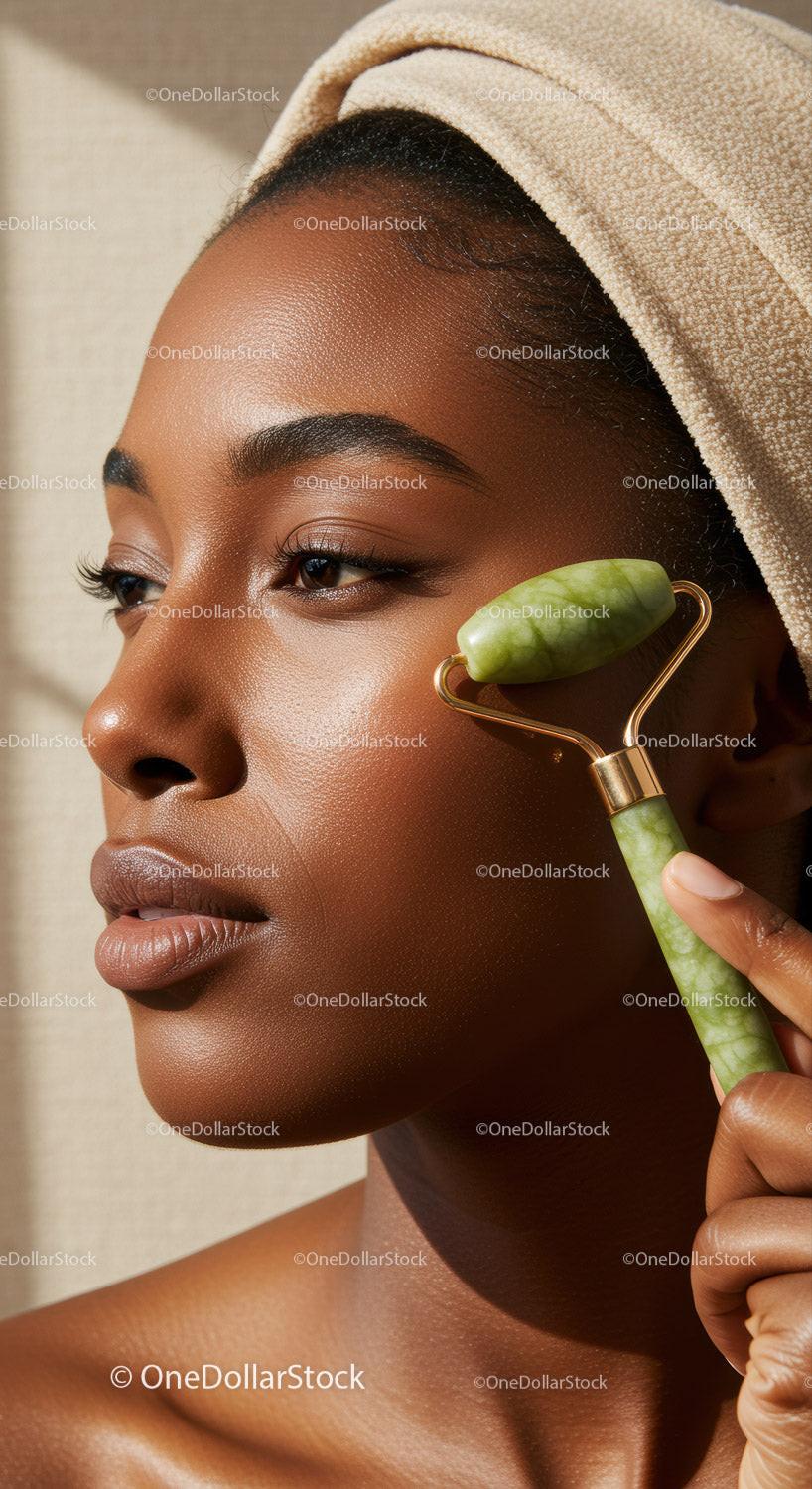 Close-Up of African Woman Receiving Facial with Jade Roller for Glowing Skin