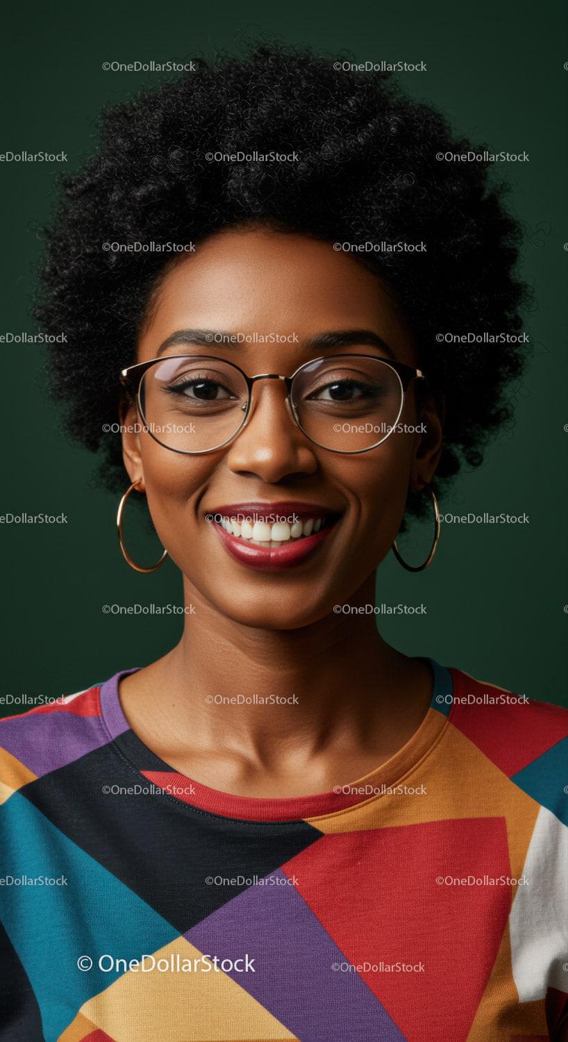 Confident Woman with Glasses and Curly Hair in Vibrant Fashion