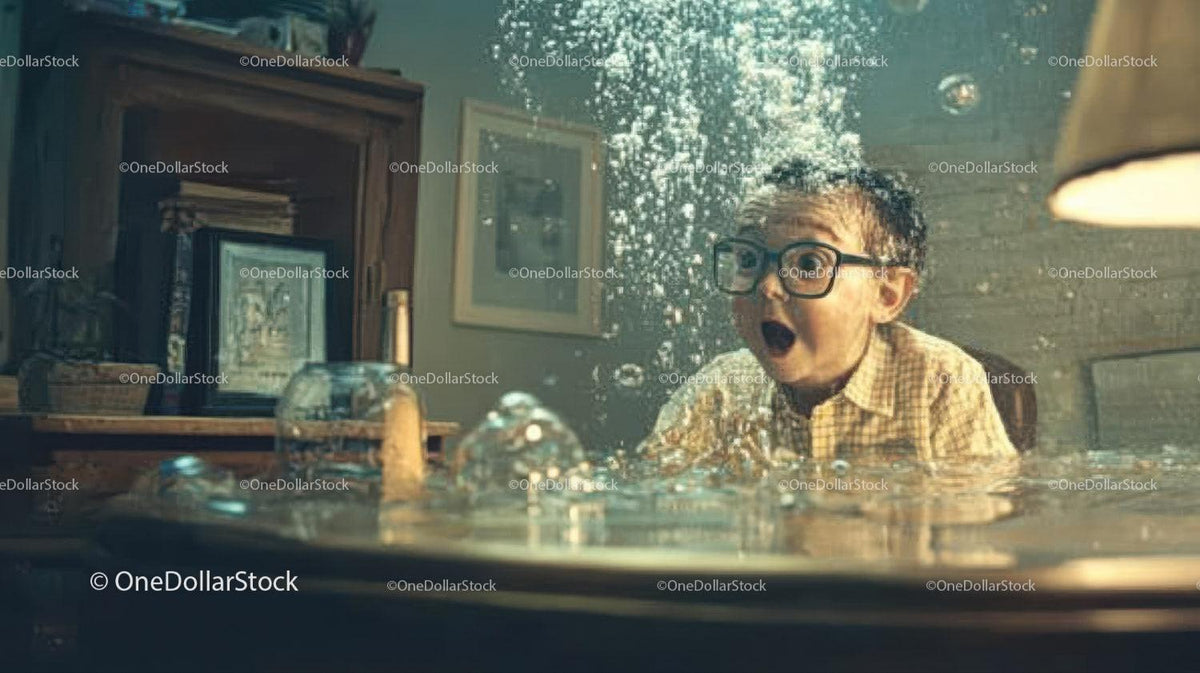Young boy in glasses showing surprised face with water splash and bubbles indoors