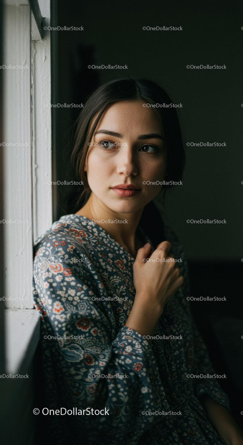 Young woman gazing thoughtfully near window light