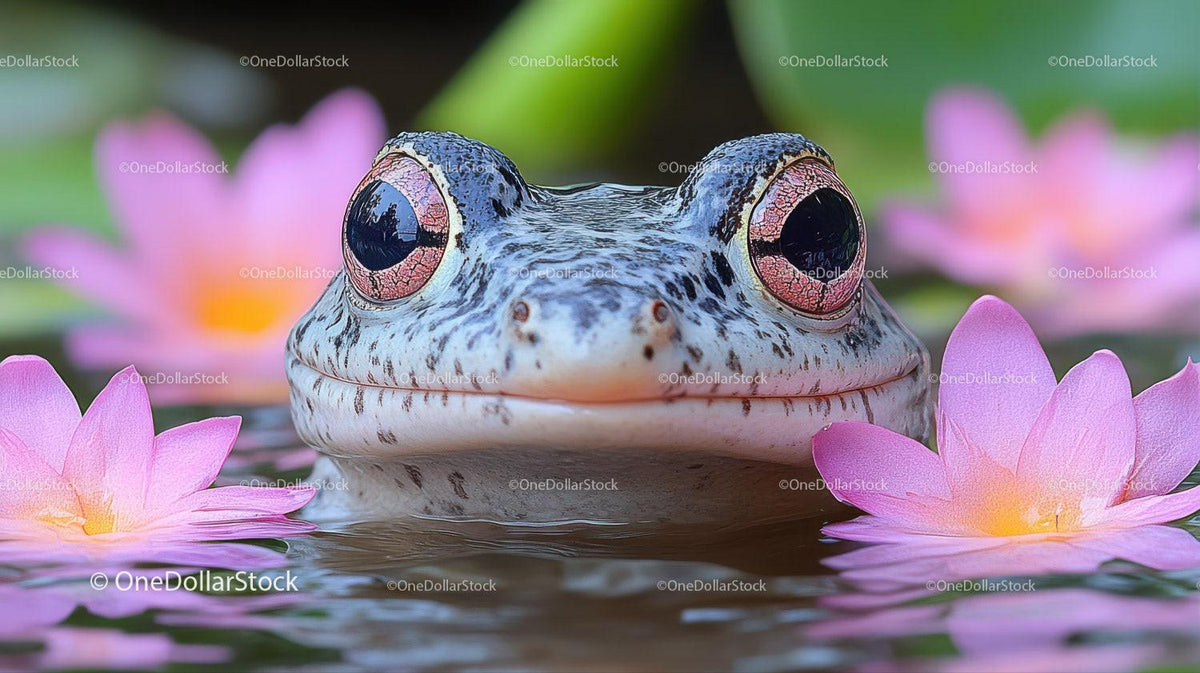 Close-up of frog partially submerged in pond with pink water lilies around