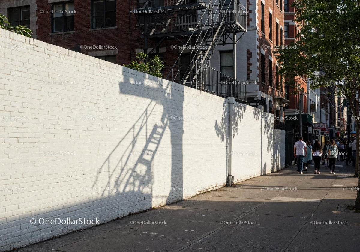 Urban Street Scene with Pedestrians and Cast Shadows on White Wall JPG Mockup Image preview