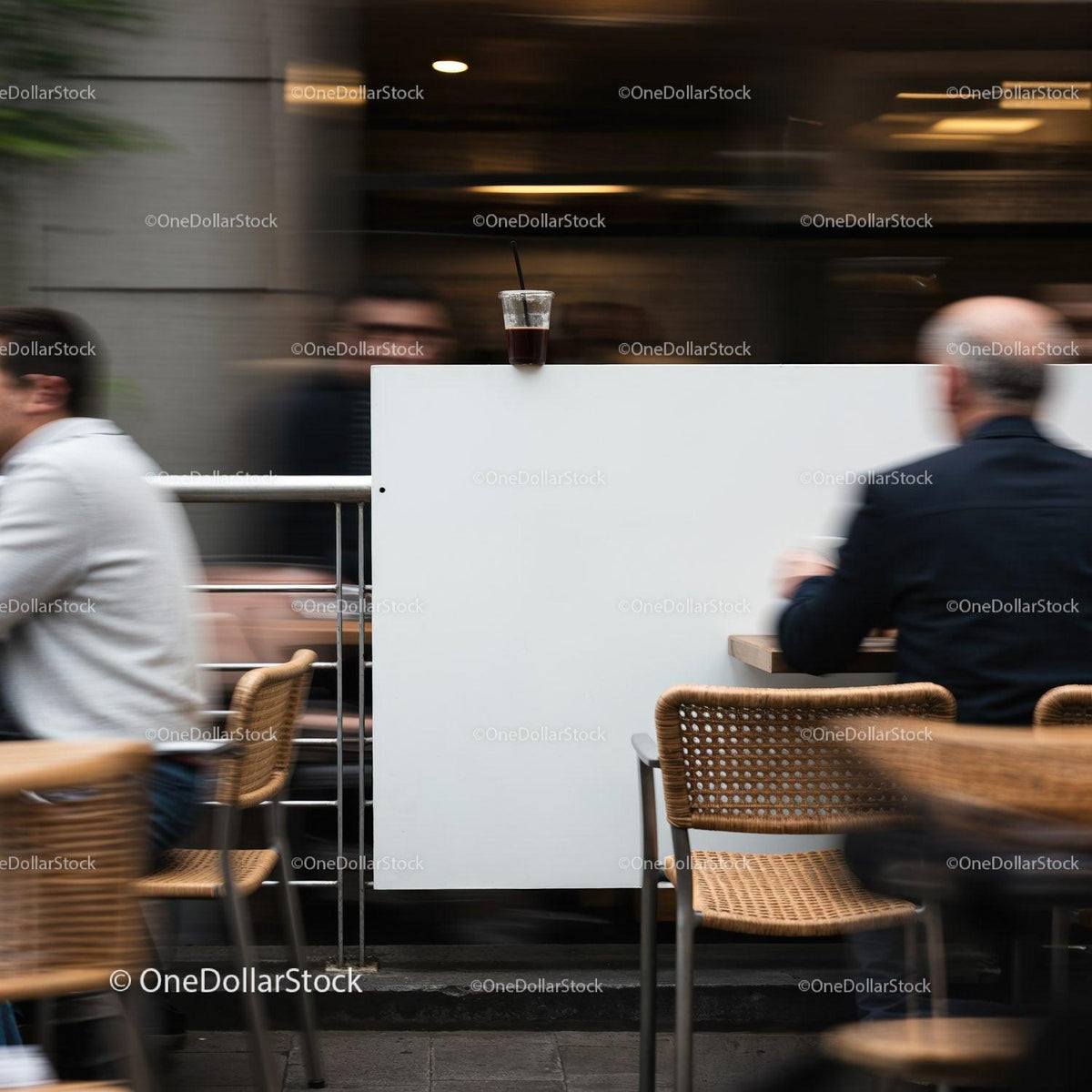 Cold drink left on dividing wall in busy cafe scene JPG Mockup Image preview