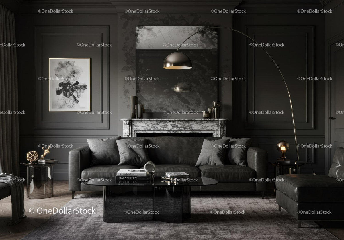 Elegant dark living room with modern leather furniture
