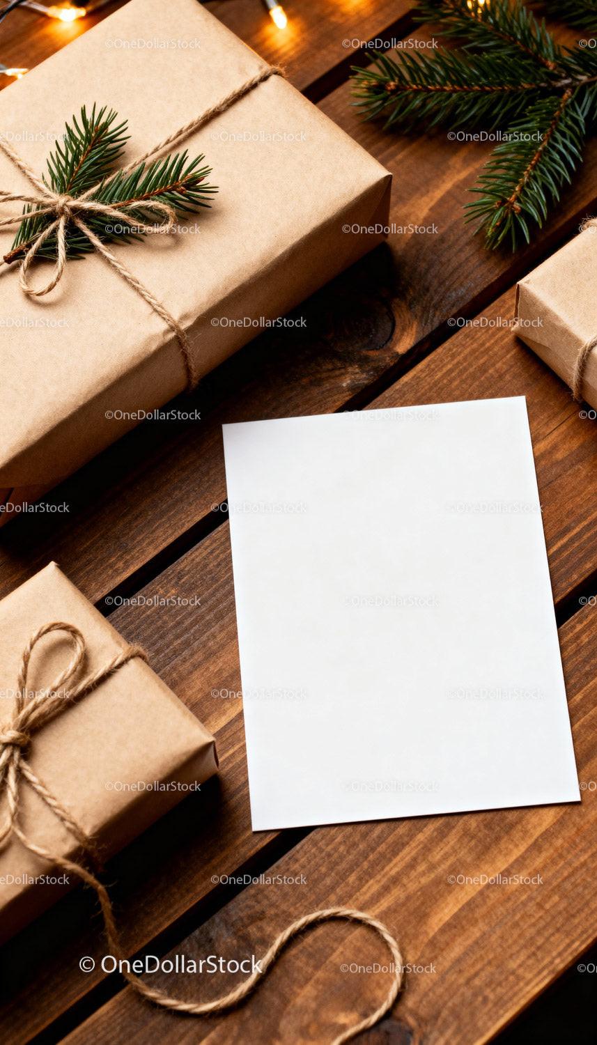 Natural wrapped gifts and blank card on wooden table JPG Mockup Image preview