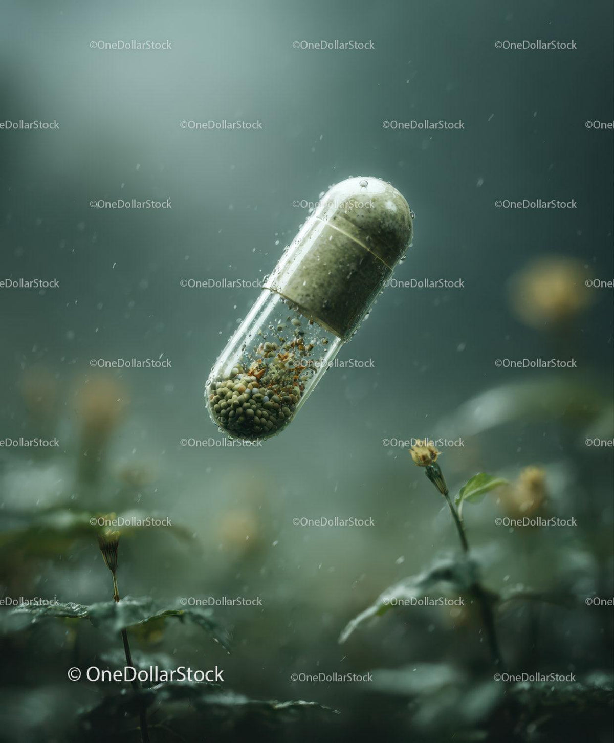 Transparent capsule with granules floating above small green plants in soft light