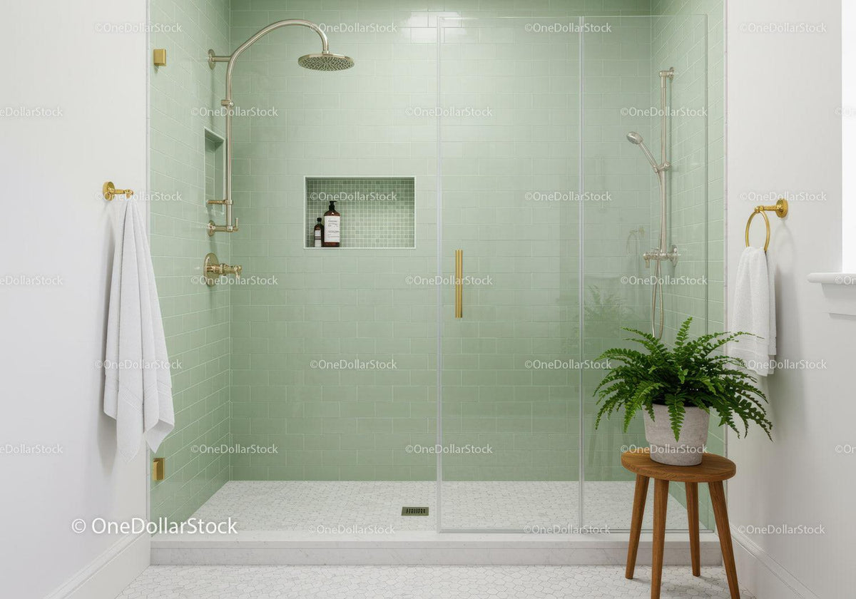 Modern green tiled walk in shower with glass doors