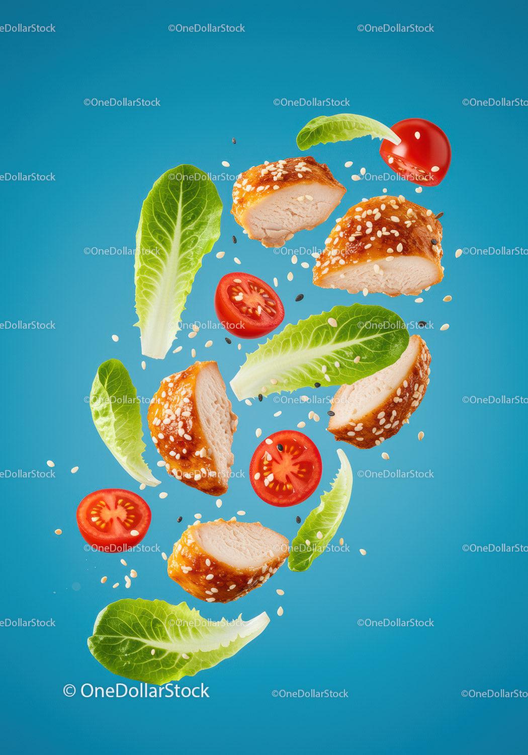 Fresh sesame chicken bites with lettuce and cherry tomatoes