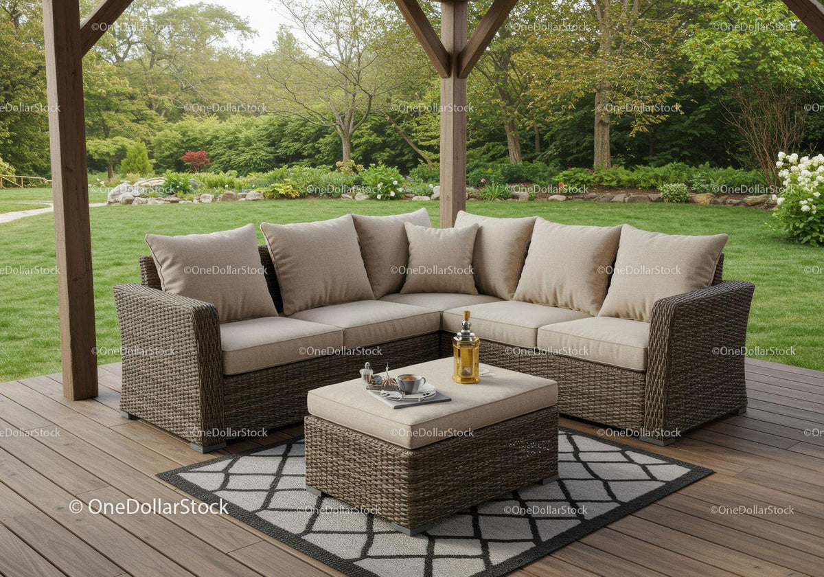 Cozy Outdoor Wicker Sectional Sofa in Lush Garden Setting