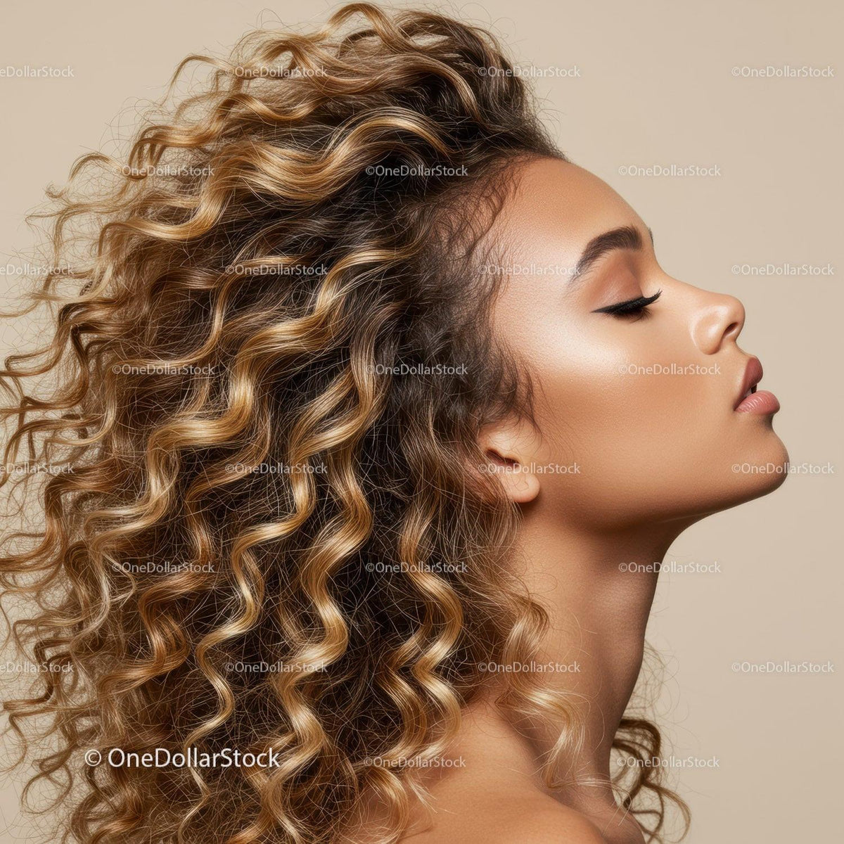 Profile of Woman with Voluminous Curly Hair and Perfect Skin