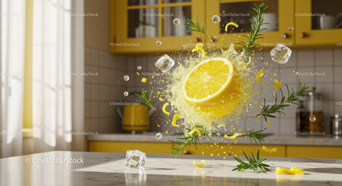 Fresh lemon with rosemary and ice cubes splash in kitchen
