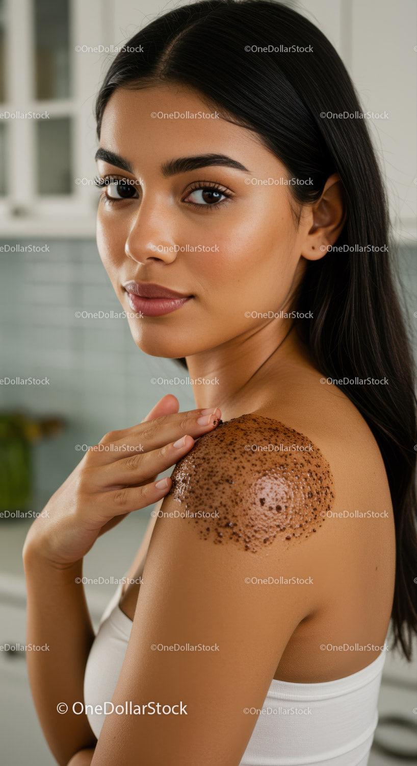 Beautiful Young Woman with Clear Skin and Dark Hair Indoor Portrait