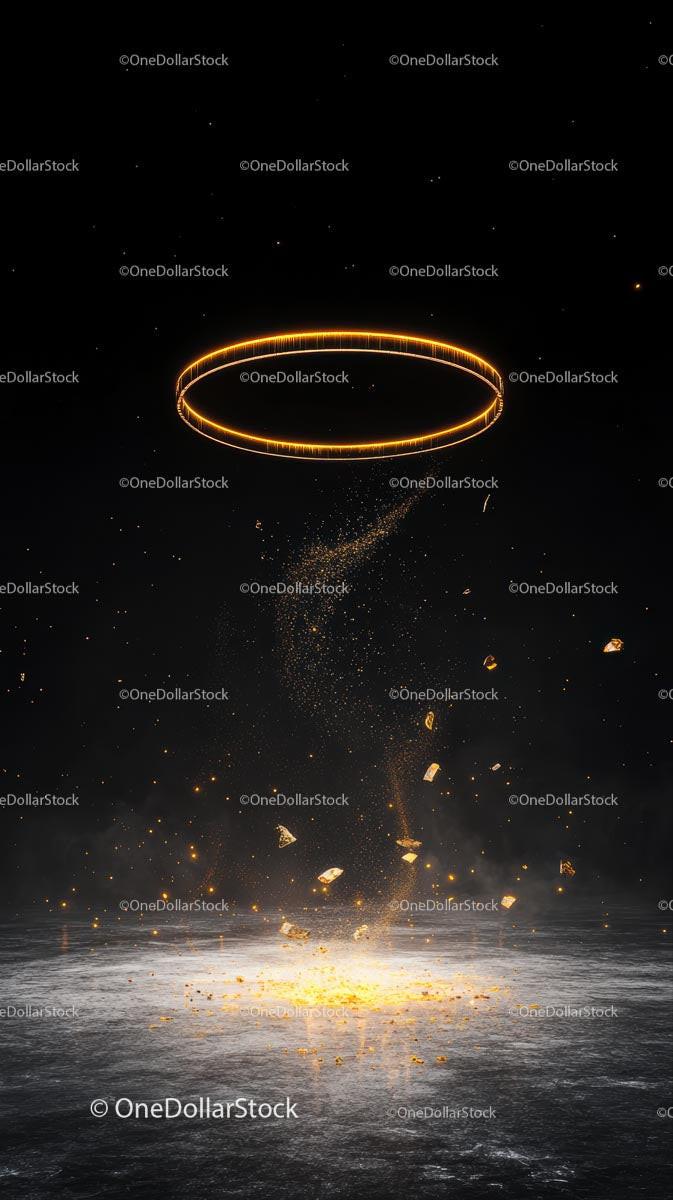 Futuristic glowing ring hovering in space with particles and cosmic dust