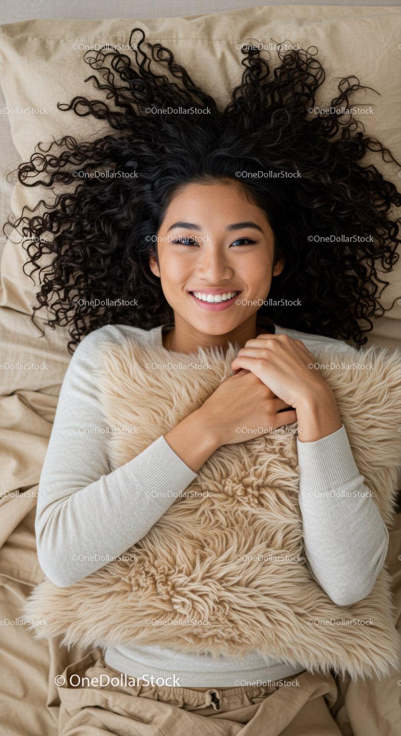 Smiling woman relaxing on bed with cozy pillow