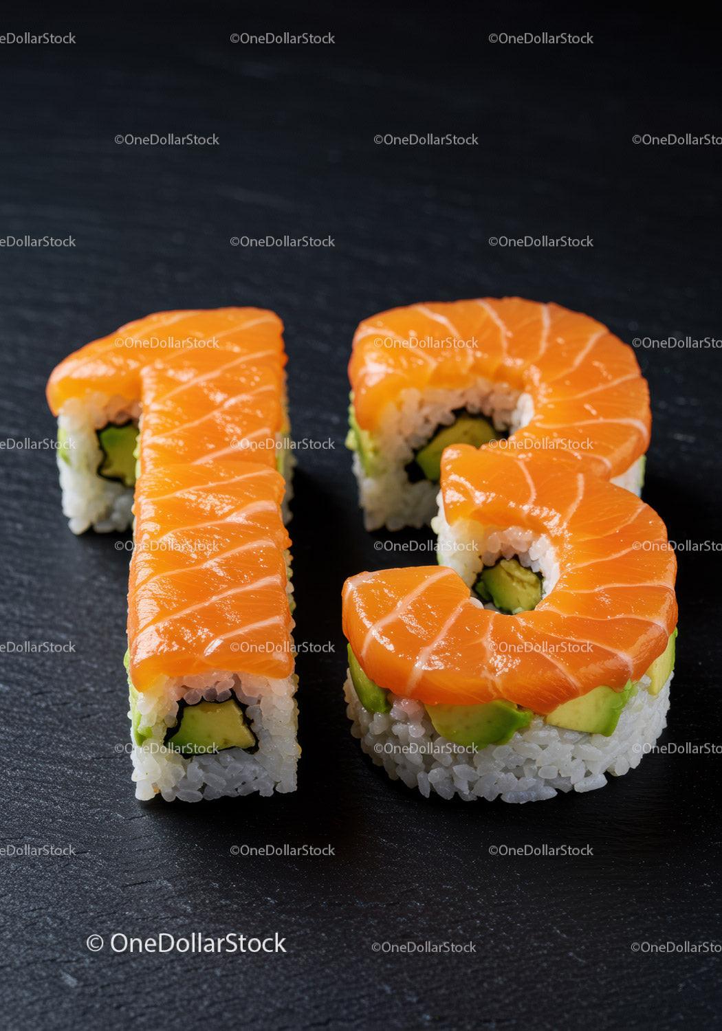 Fresh sushi rolls shaped as number thirteen on black slate
