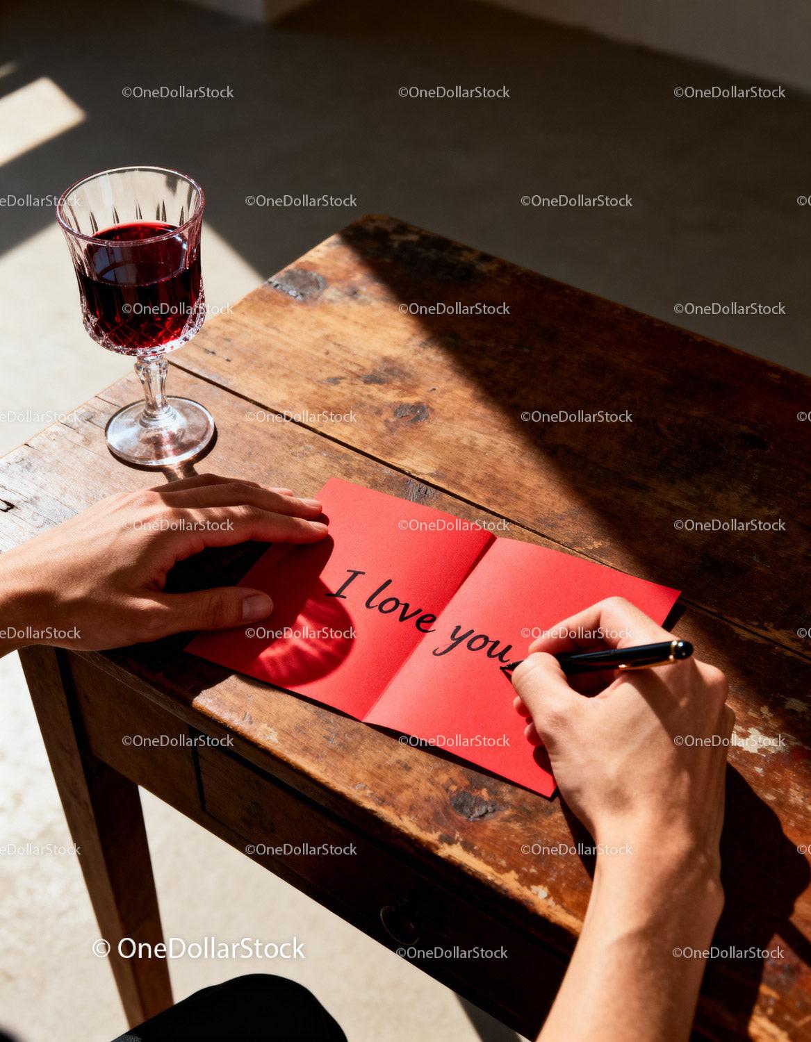 Writing a heartfelt love letter by a rustic wooden table