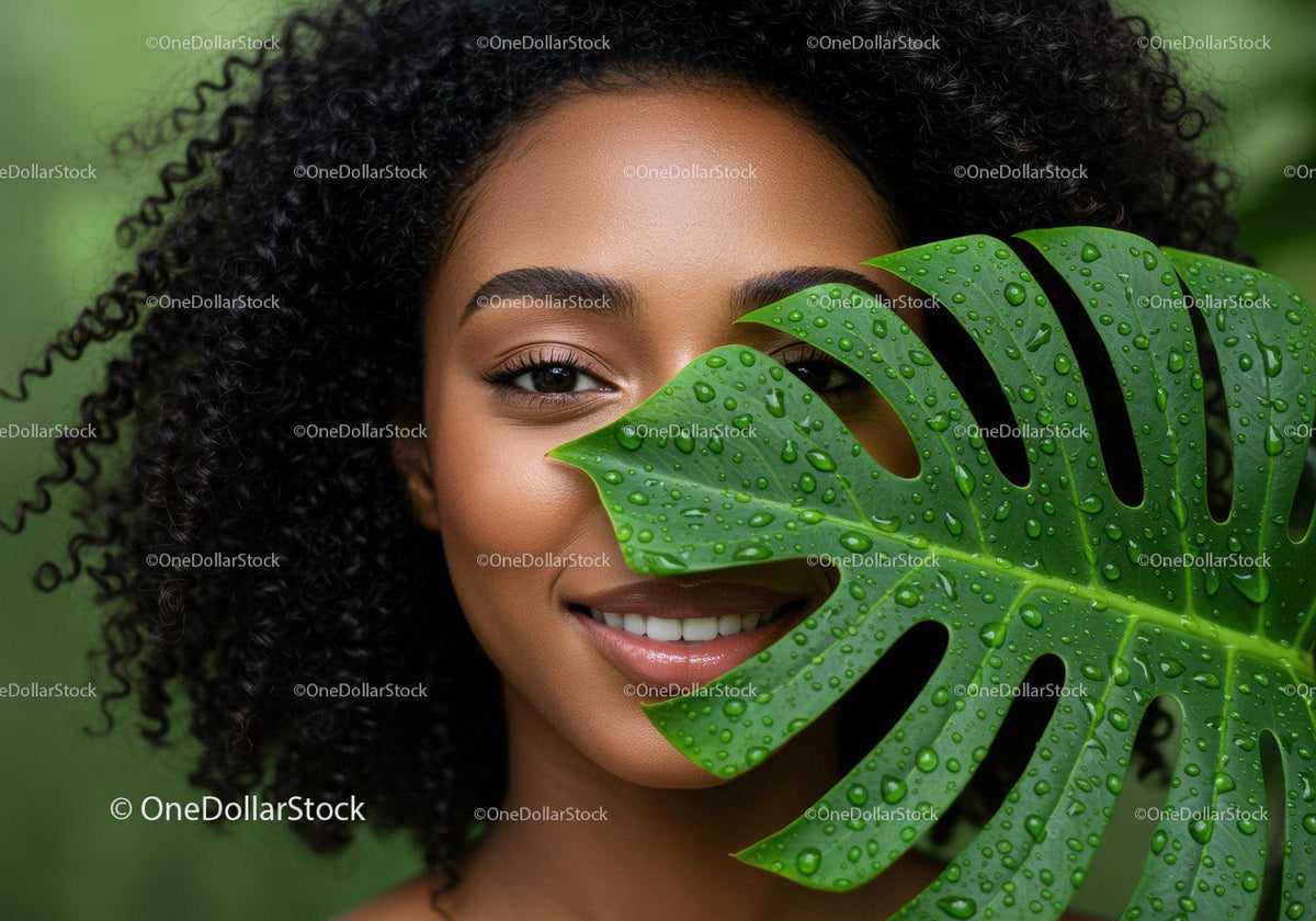 Portrait of a Woman with Curly Hair Behind Monstera Leaf with Water Droplets