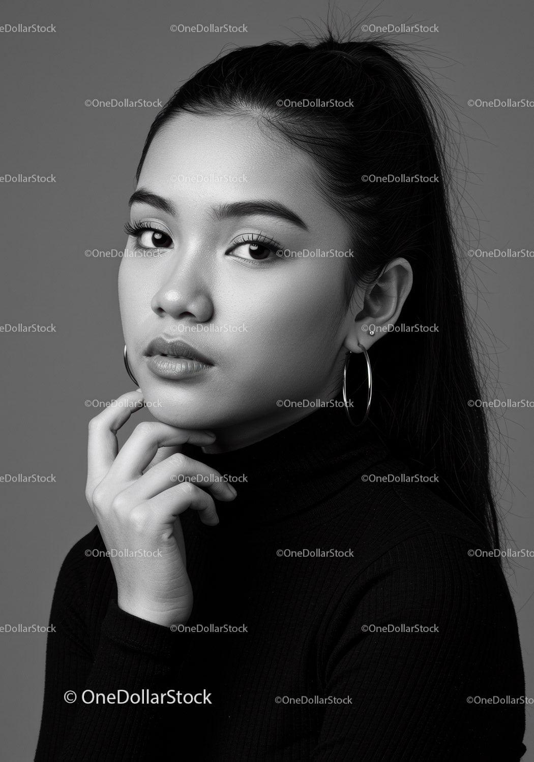 Elegant Black and White Portrait of an Asian Woman with Stylish Hair