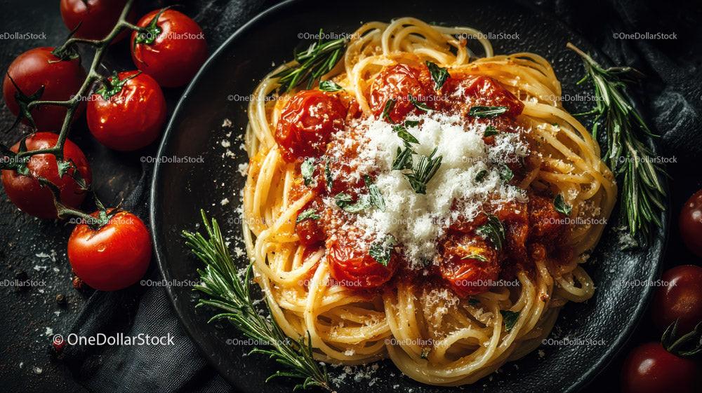 Creamy Fettuccine Pasta with Cherry Tomatoes and Basil Stock Photo Bundle preview 16