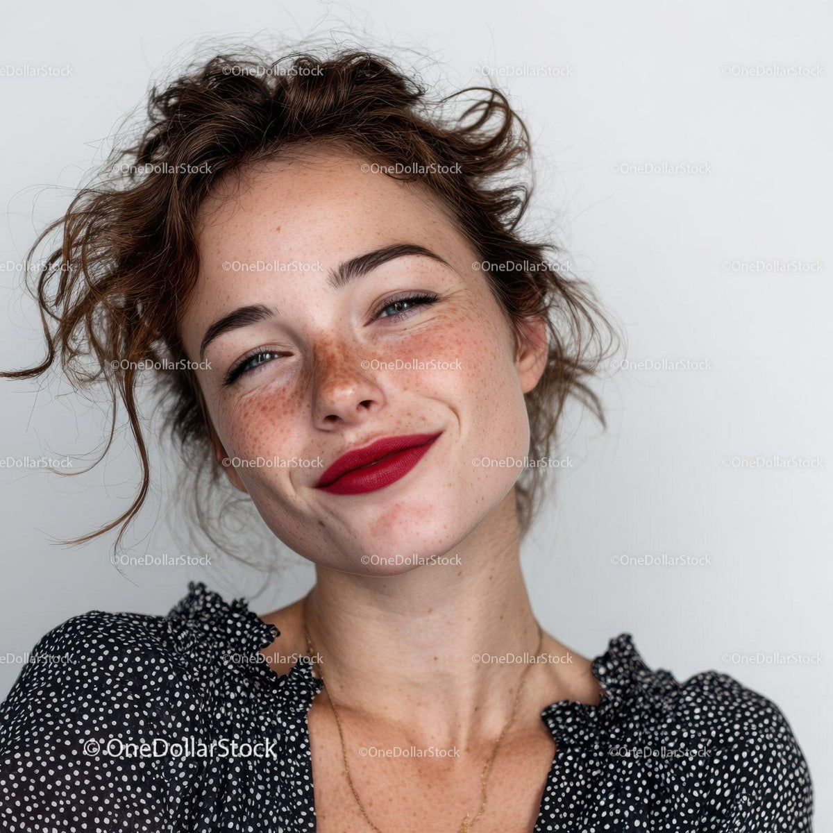 Headshot of Smiling Woman with Freckles and Red Lipstick