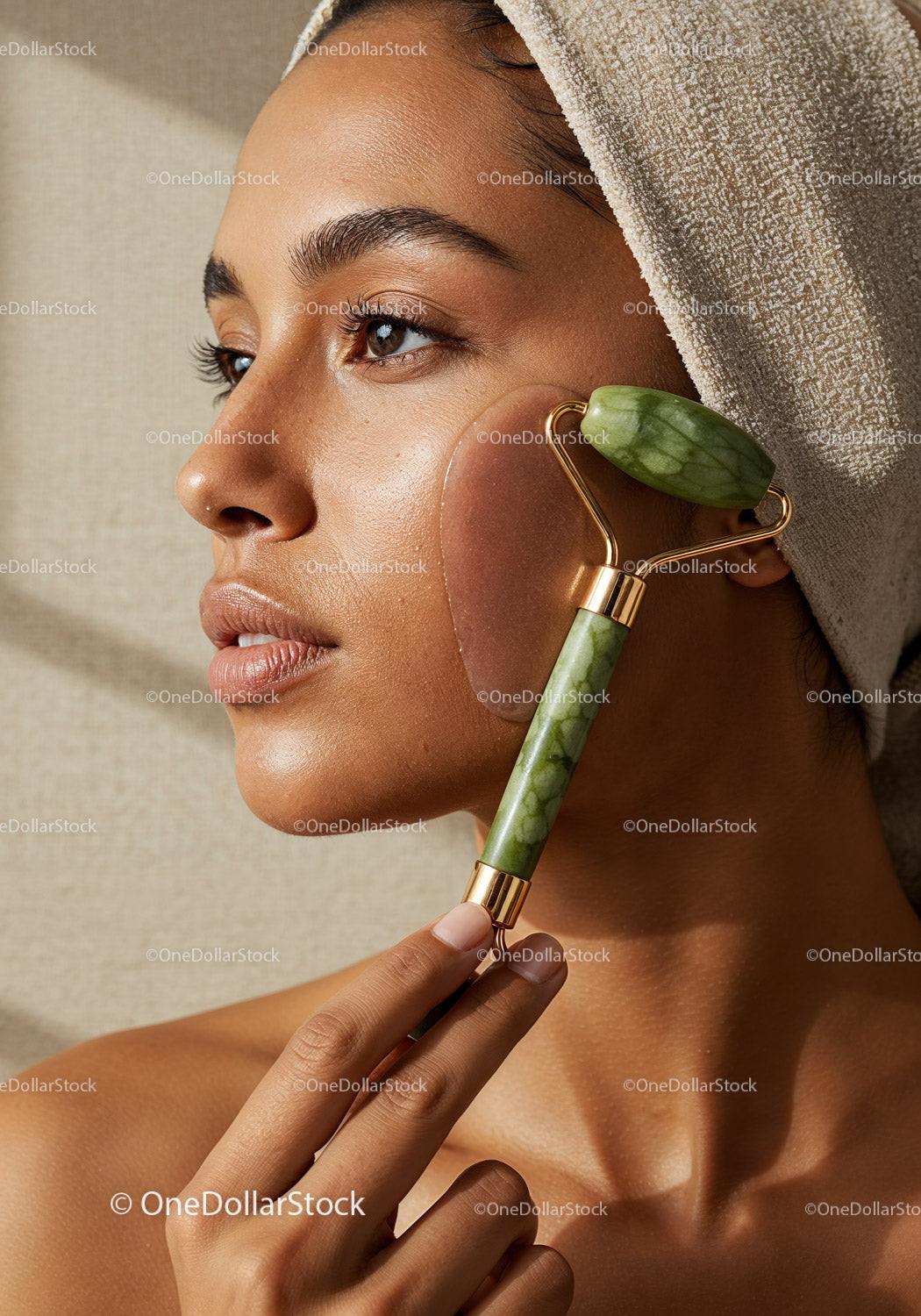Beauty Woman Receiving Facial Massage with Jade Roller for Glowing Skin