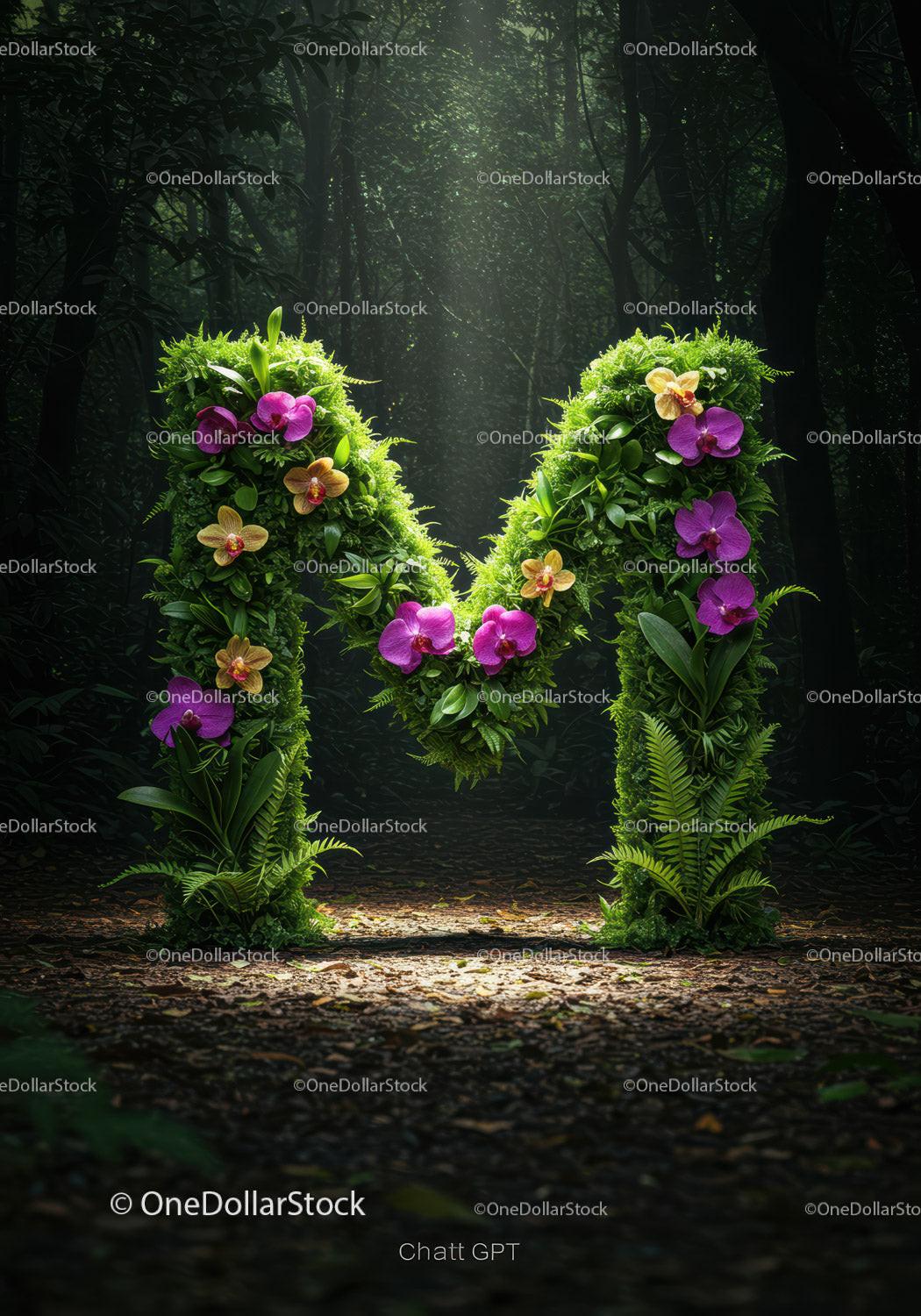 Letter M formed by vibrant flowers and lush greenery