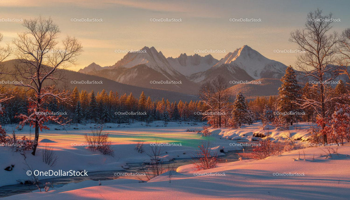 Snowy mountain landscape bathed in warm sunset light