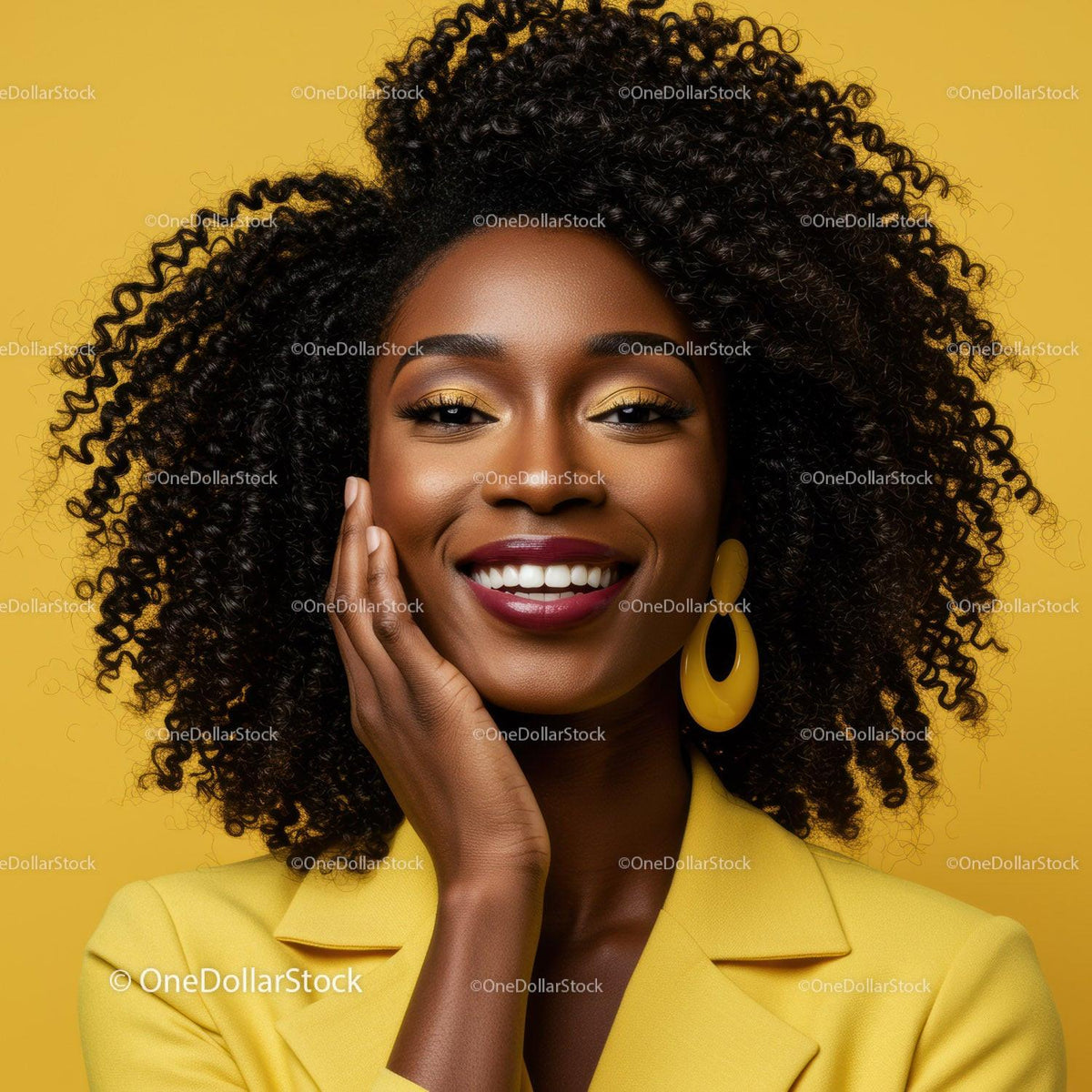 Vibrant Yellow Blazer Woman with Curly Hair and Bright Smile