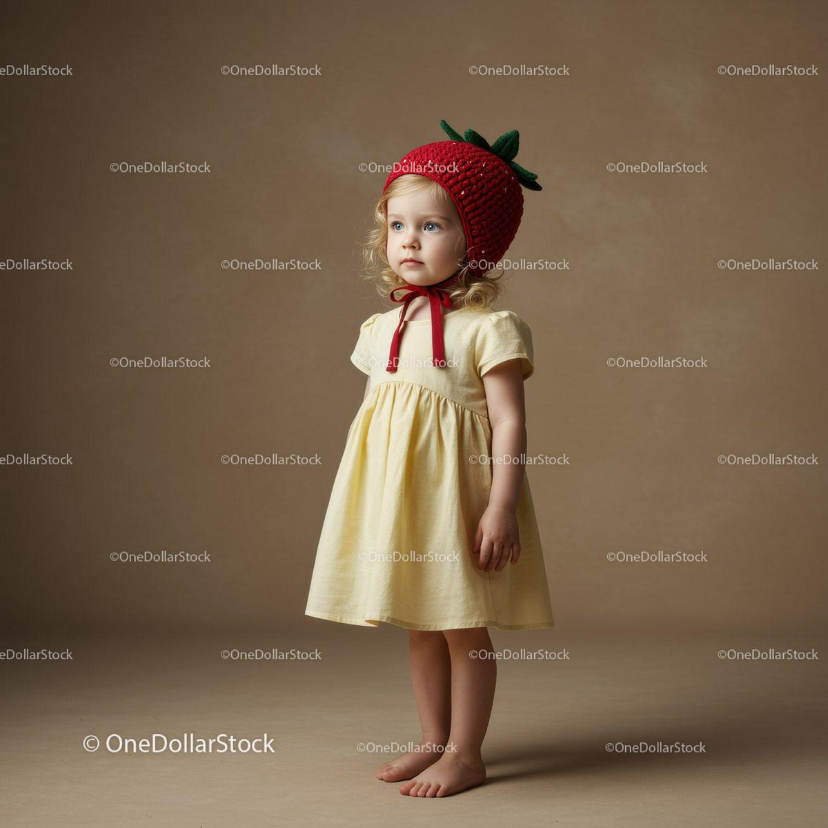 Little girl in yellow dress wearing strawberry hat