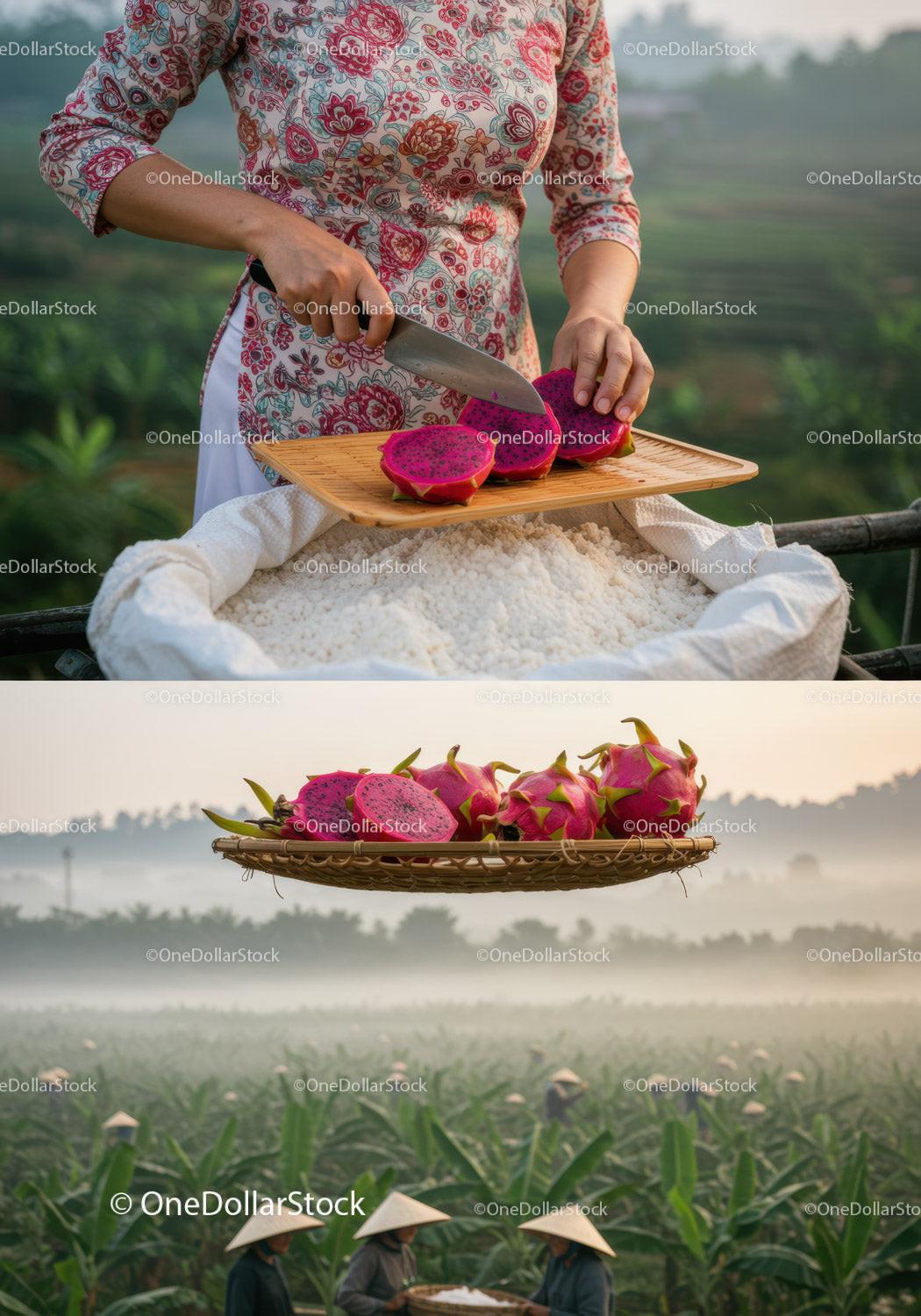 Woman Slicing Dragon Fruit in Lush Tropical Plantation