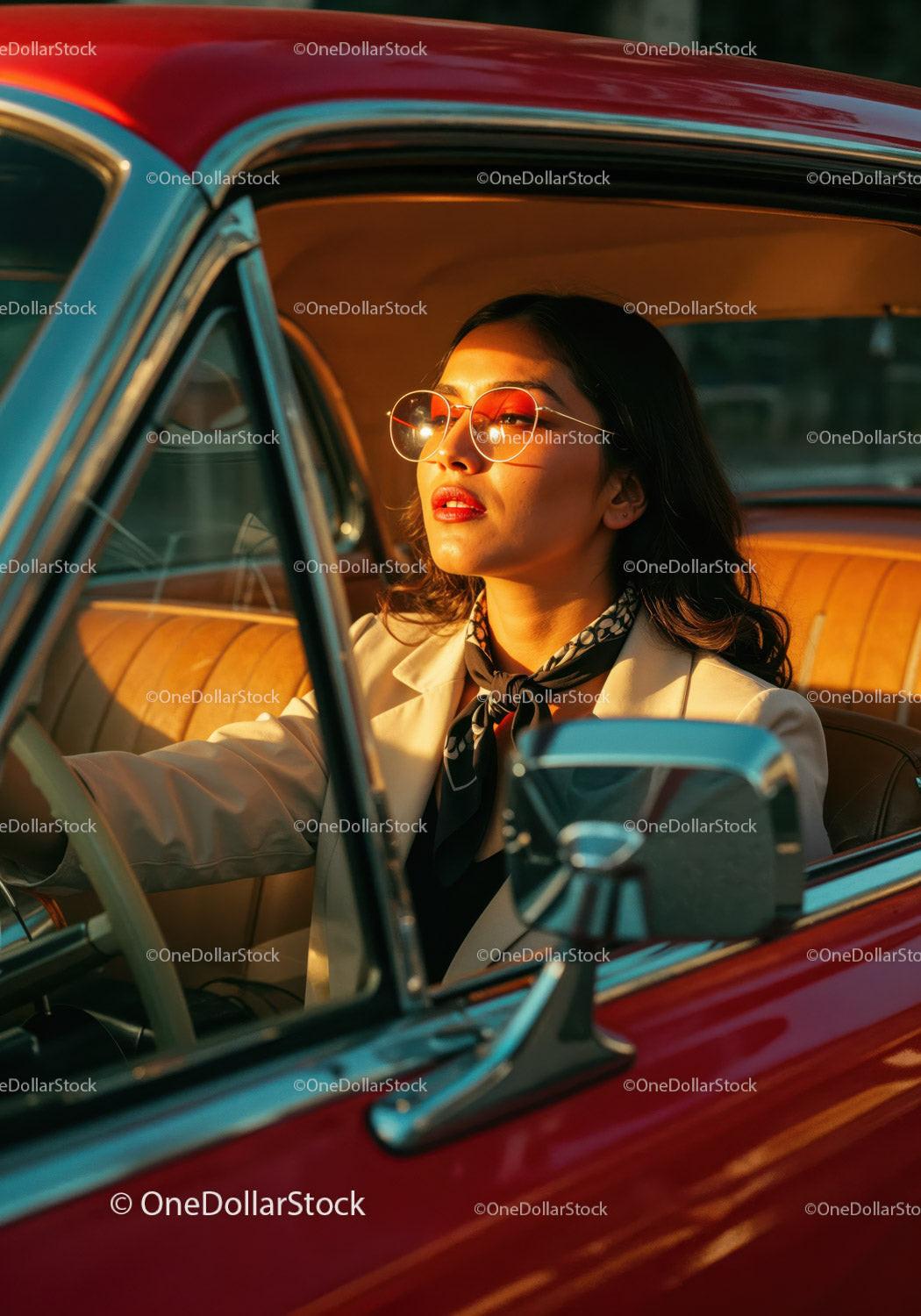 stock photo bundle made with Stylish Woman Wearing Sunglasses in Vintage Car at Sunset Stock Photo Bundle