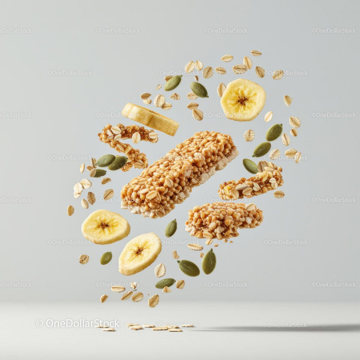 Floating granola bars with banana slices and seeds