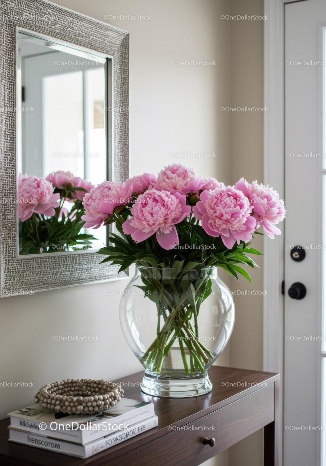 Elegant Pink Peonies in Glass Vase for Interior Decoration