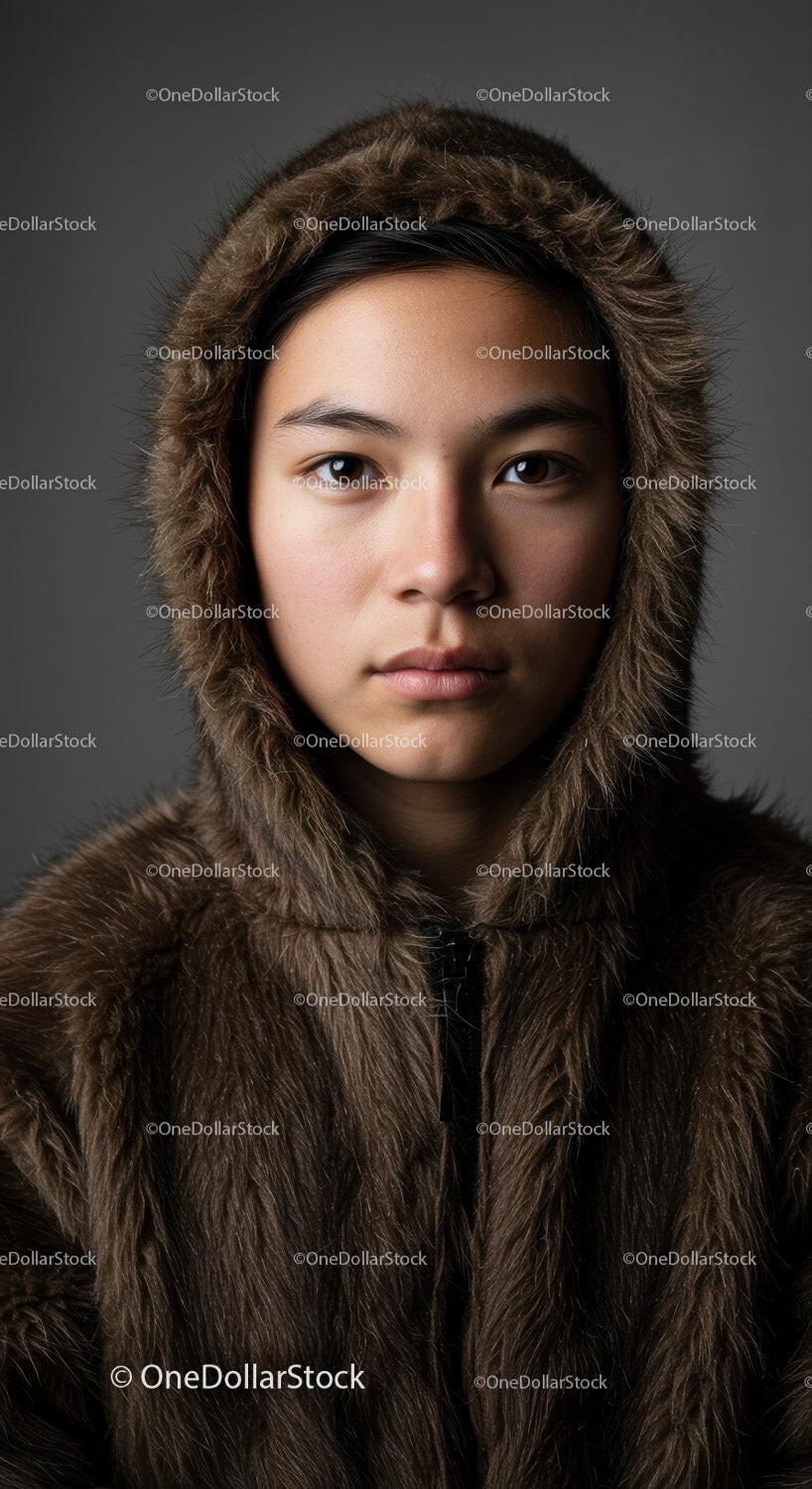 Stylish Young Woman in Fur Coat and Hooded Winter Jacket