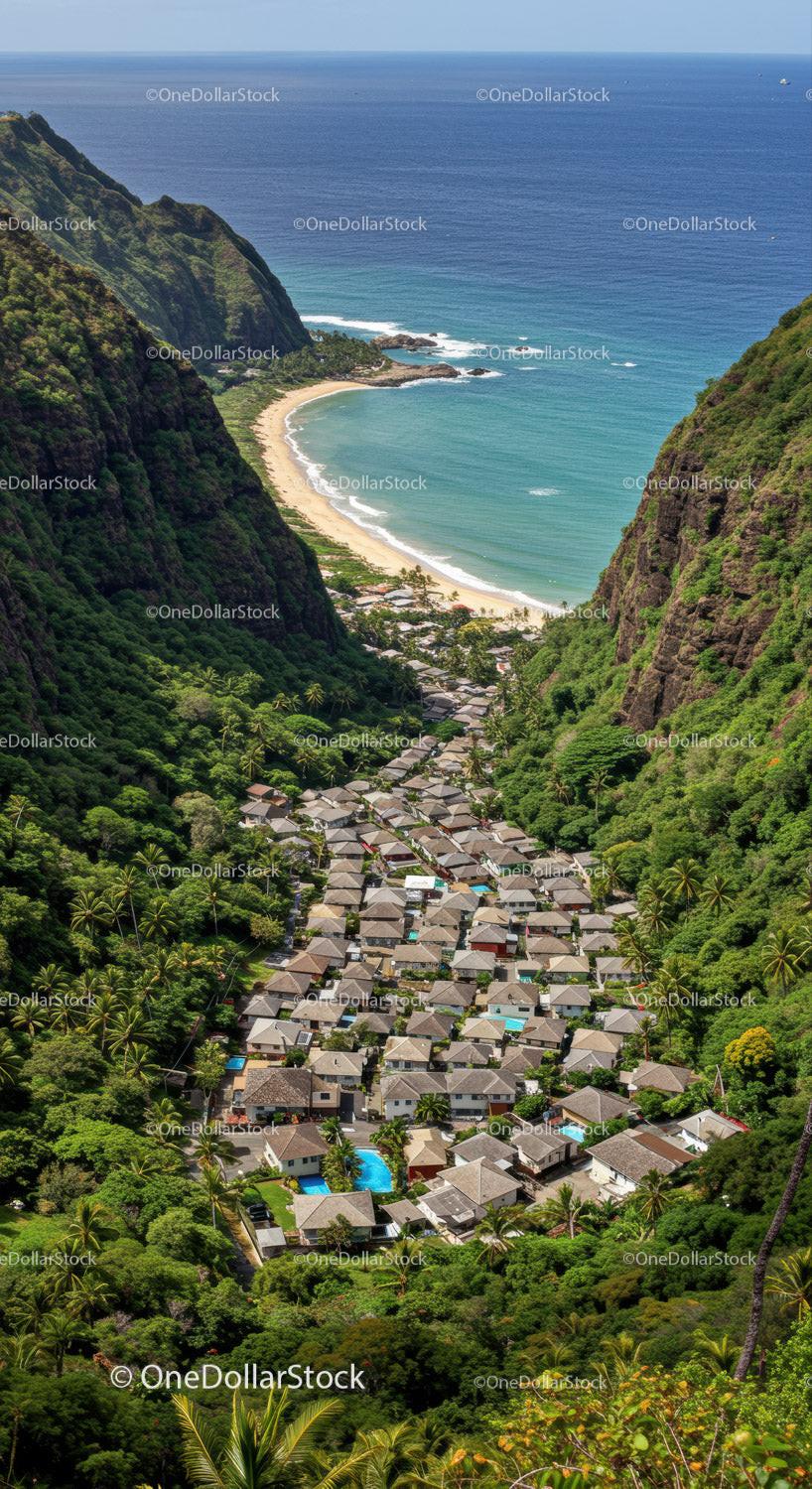 Breathtaking Tropical Mountain Valley and Beach Scene