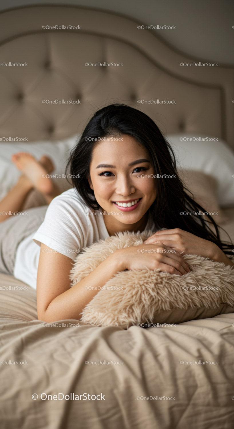 Smiling Woman Relaxing on Bed with Cozy Pillow