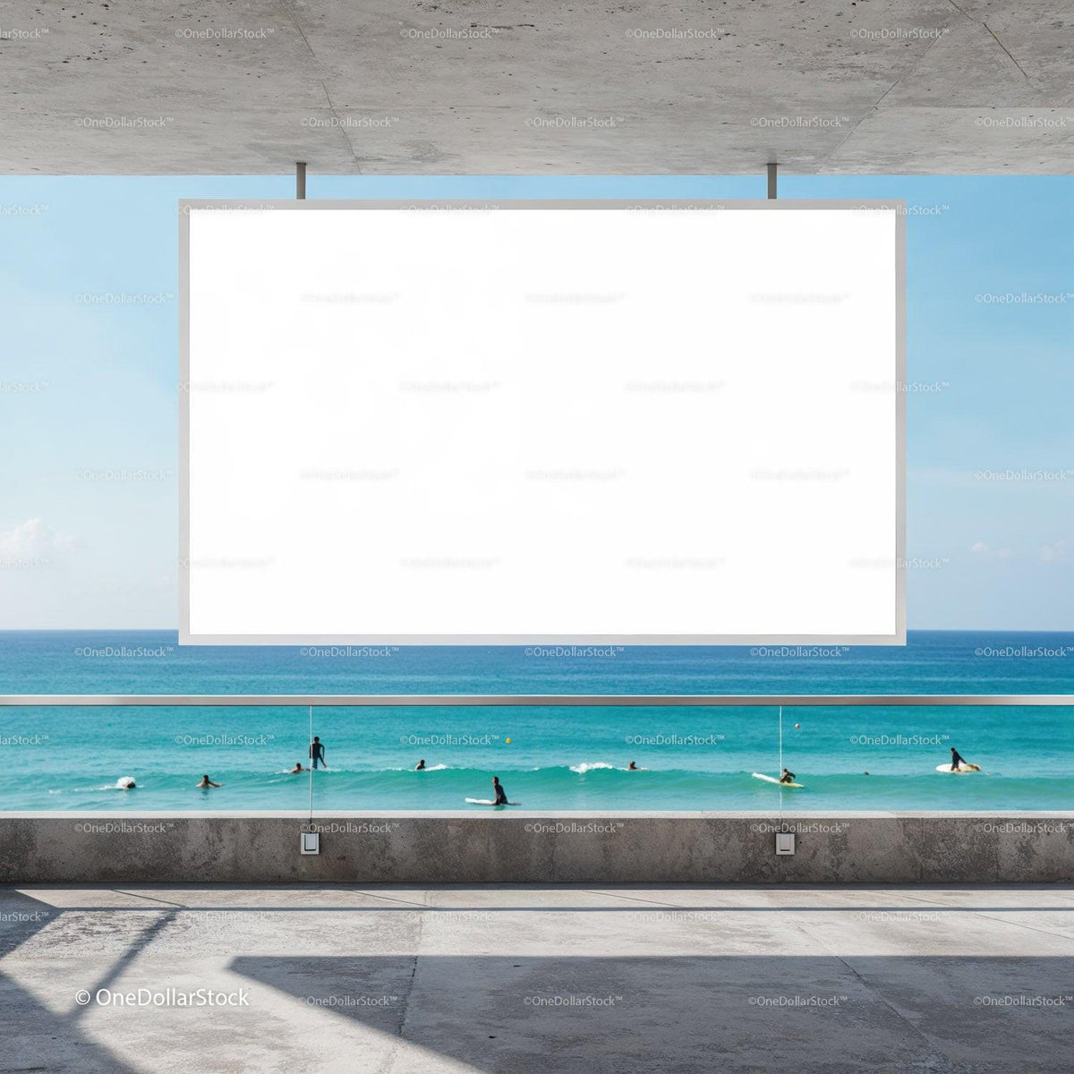 Surfers enjoying calm ocean waves on a sunny day JPG Mockup Image preview