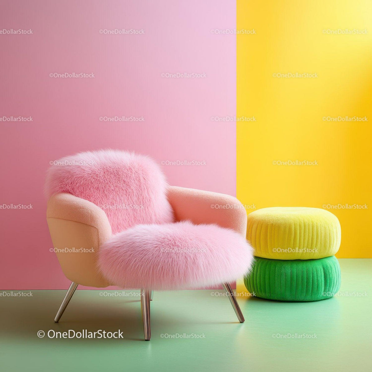 Bright Pink Armchair with Lime Green Cushion and Yellow Ottoman in Modern Living Room Stock Photo Bundle preview 15