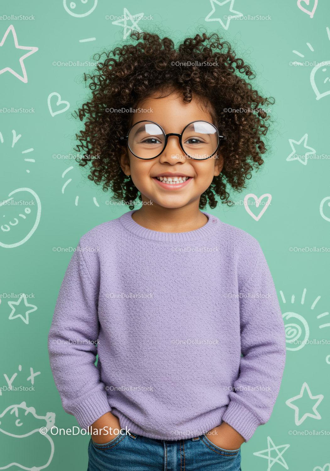 Smiling child with curly hair and round glasses in pastel room