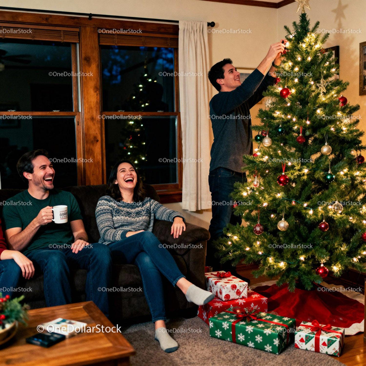 Friends Enjoy Decorating Christmas Tree at Home