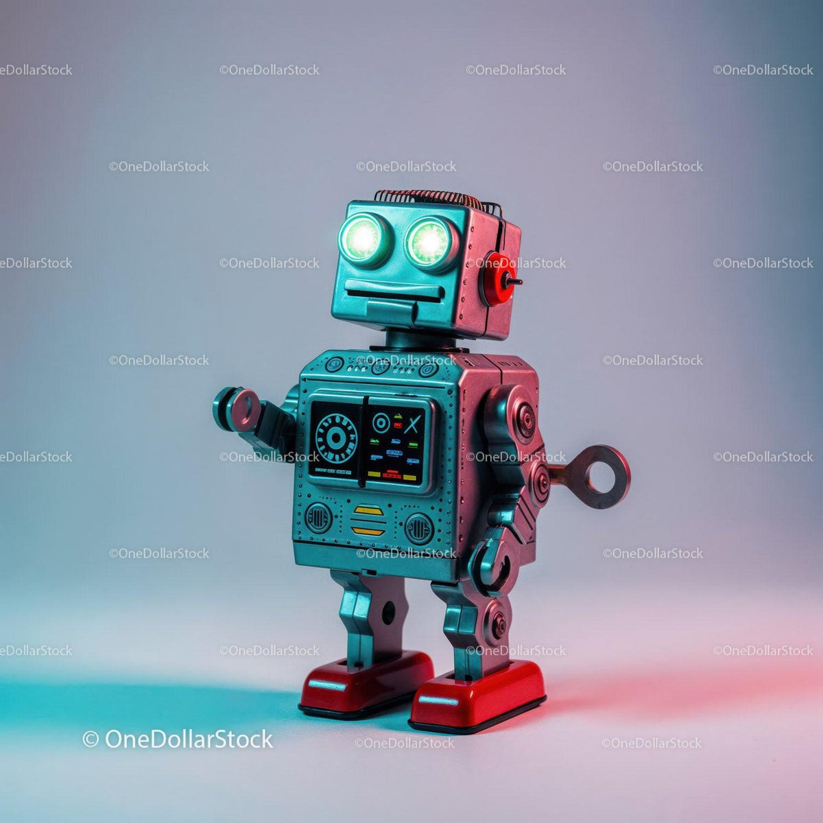 Retro metal robot toy with glowing eyes and wind-up keys on a gradient background