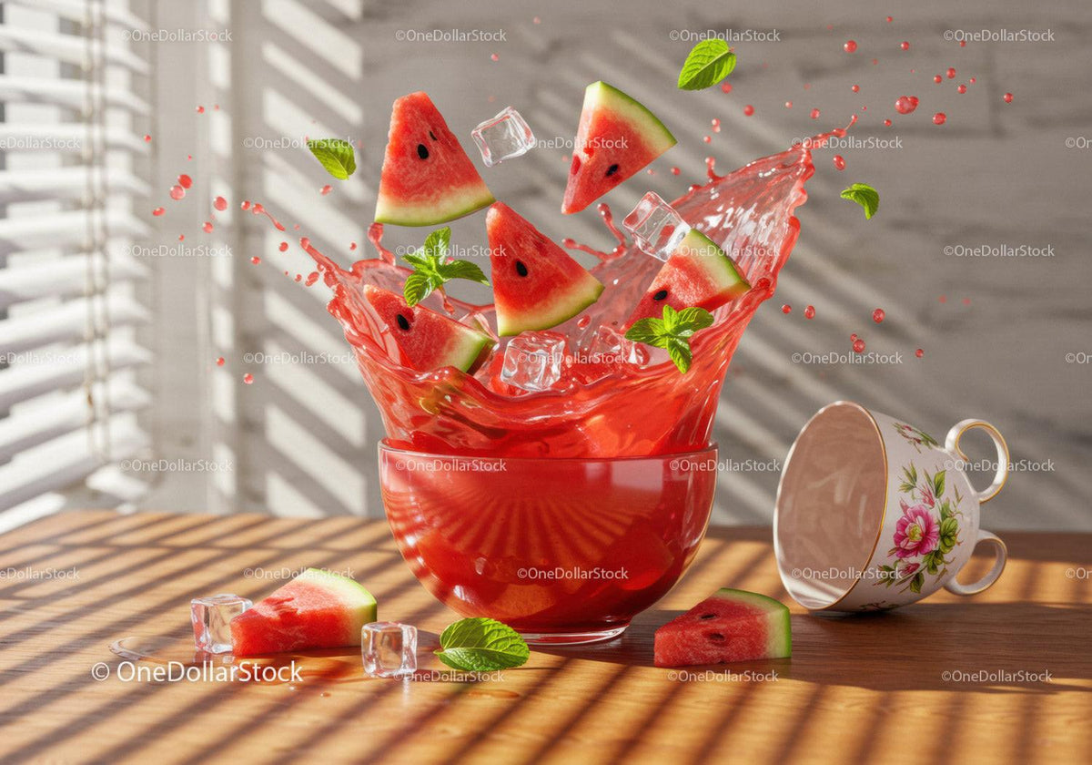 Fresh watermelon splashing with ice and mint leaves