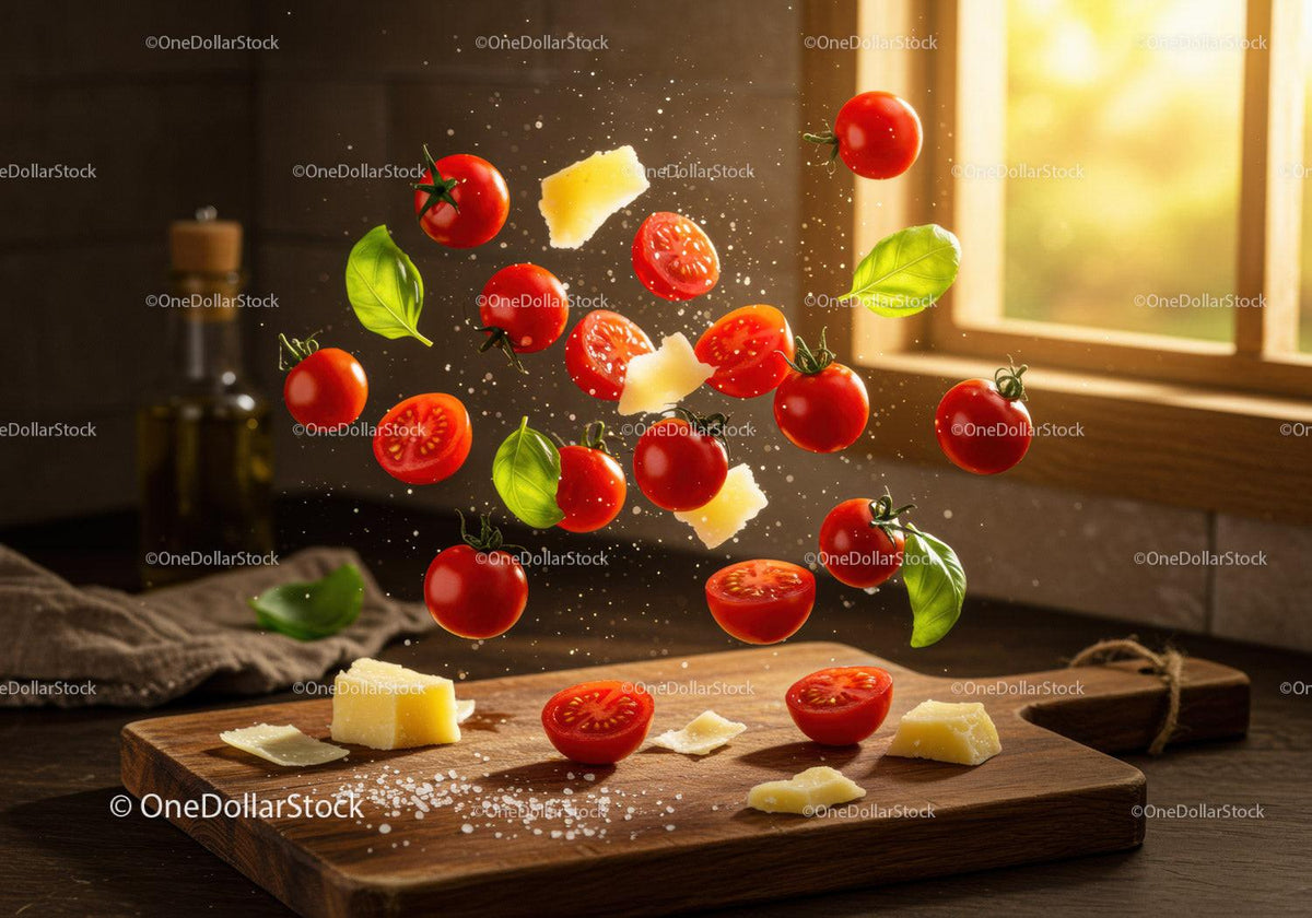 Fresh cherry tomatoes basil and parmesan flying over board