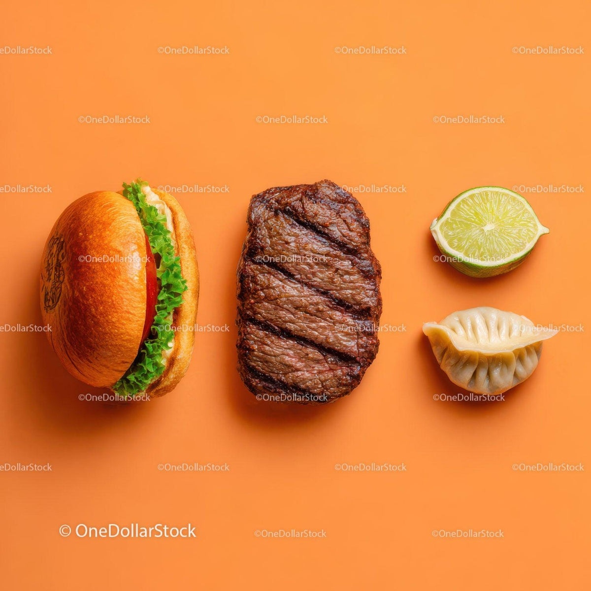 Gourmet Burger with Lettuce and Tomato Next to Grilled Steak and Dumpling Stock Photo Bundle preview 16