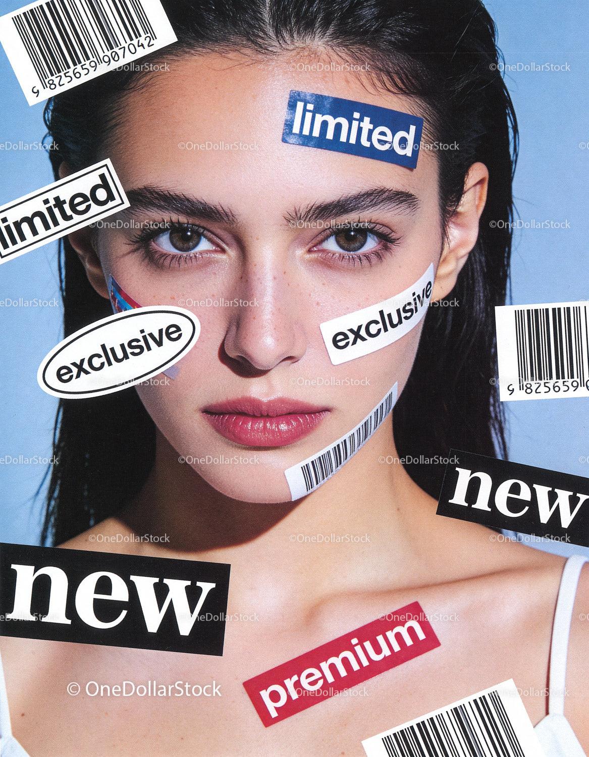 Young woman with branding stickers on face and shoulders