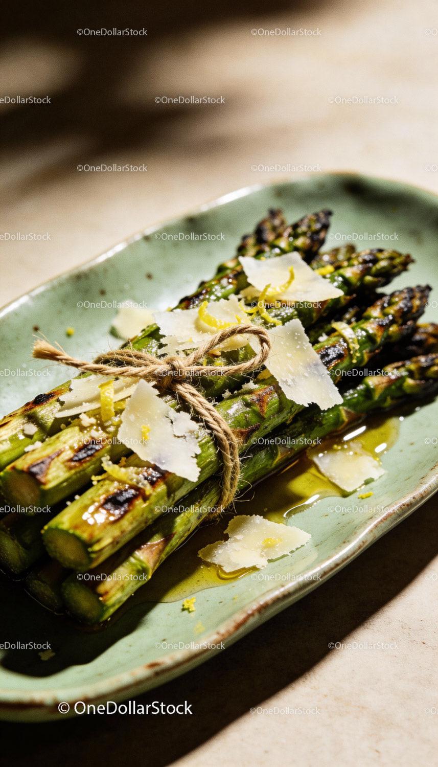 Grilled asparagus tied with string and topped with cheese