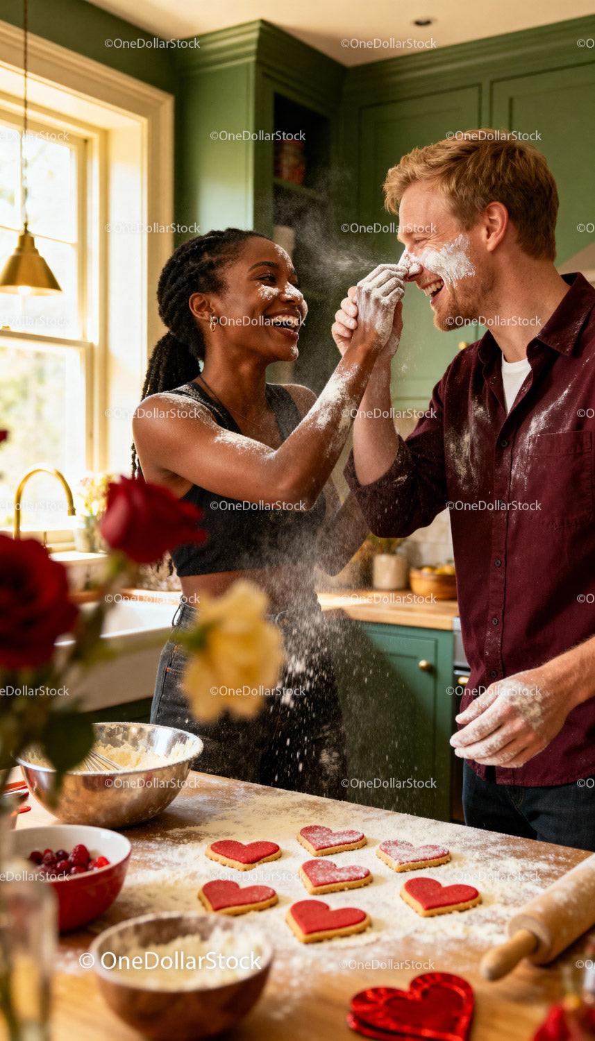 Couple Playfully Baking Heart-Shaped Cookies Together