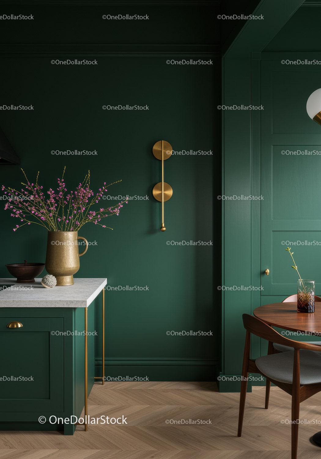 Stylish Green Interior with Floral Arrangement and Gold Accents