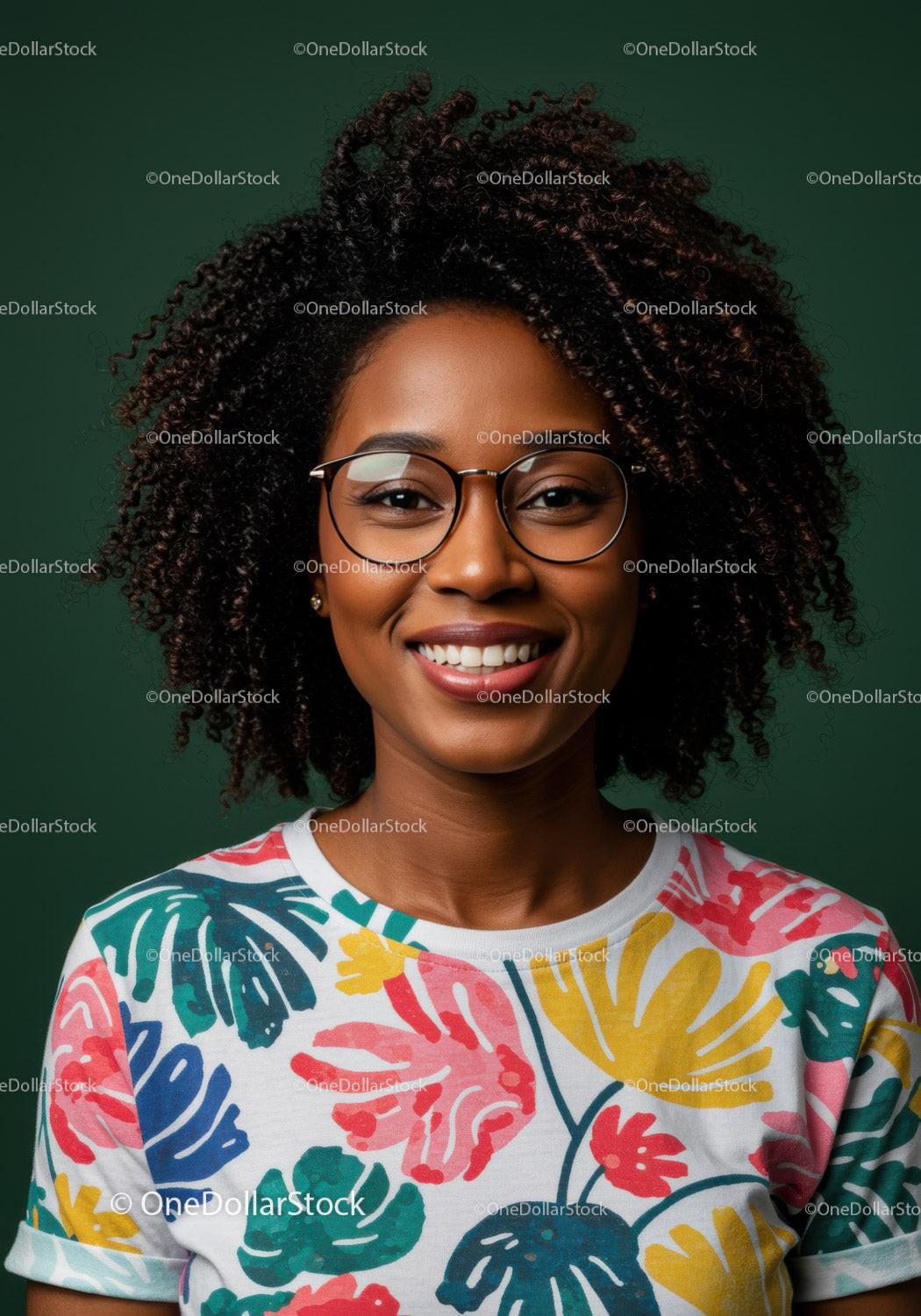 Portrait of a Smiling Black Woman with Glasses in Casual Floral T-Shirt
